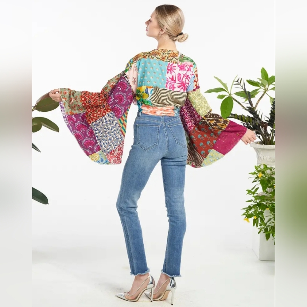 Colorful Patchwork Tie-Front Blouse - image 2